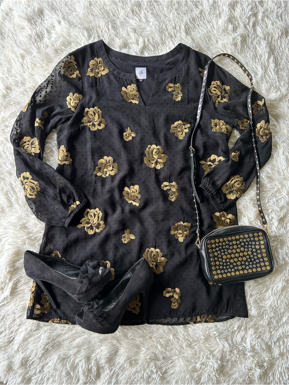 CAbi | Black & Gold Floral Embroidered Swiss Dot Dress